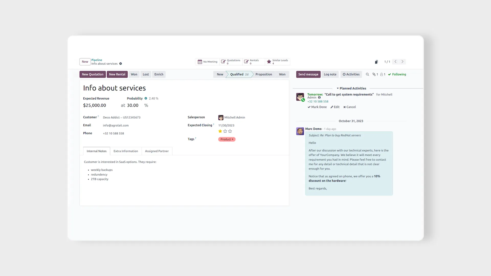 ukážka Odoo CRM systému